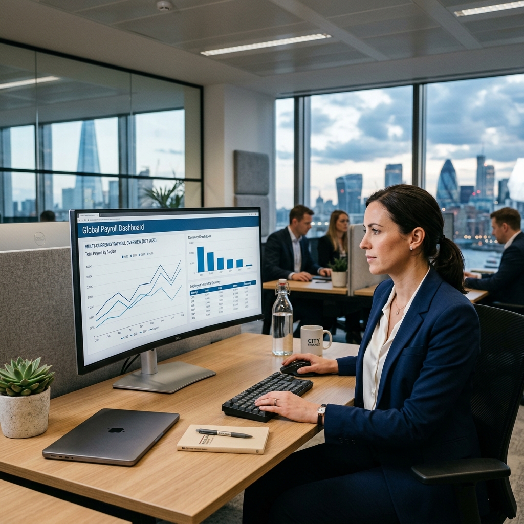 iStream Payroll & Invoicing — Finance professional reviewing global payroll dashboard